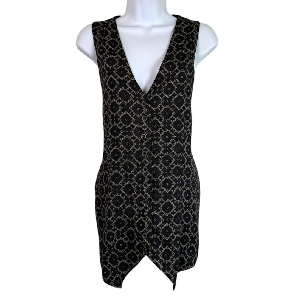 Vintage Y2K Womens Jacquard Longline Vest Sz 14 Button Front Grunge Academia